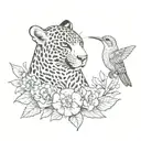 A jaguar and a certain hummingbird intertwined in a floral design tattoo design idea