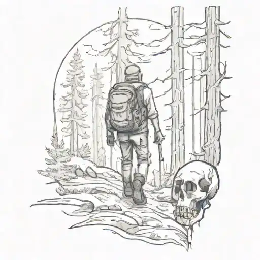 A sketch style tattoo of a hiker exploring a foggy forest with a mysterious skull hidden among the trees tattoo design idea