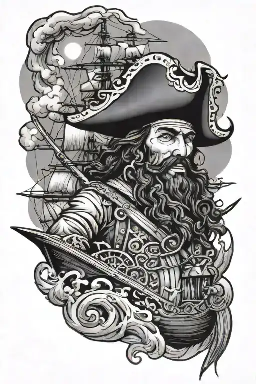 Blackbeard pirate and ship sailing through stormy tattoo design idea