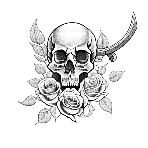 skull with roses and sword tattoo design idea