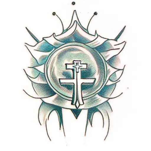 cross with thorn crown hanging tattoo design idea