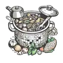 A cooking pot filled with pixelated food items from various video games tattoo design idea