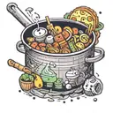 A cooking pot filled with pixelated food items from various video games tattoo design idea