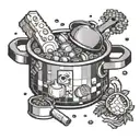A cooking pot filled with pixelated food items from various video games tattoo design idea