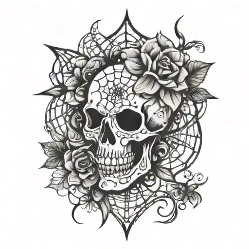 spiderweb cute skull flower tattoo design idea