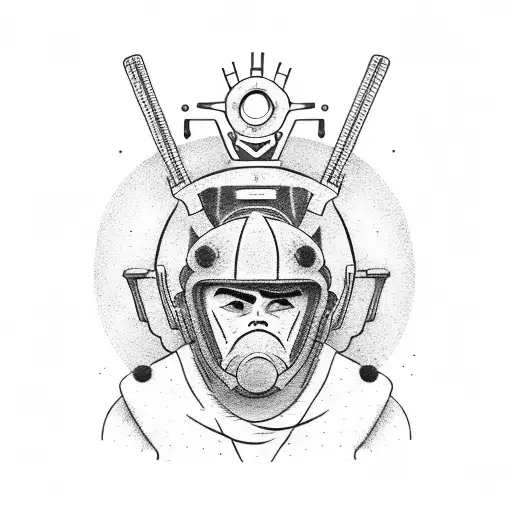 A dotwork tattoo of a heavy equipment operator wearing a theater mask while riding a motorcycle tattoo design idea