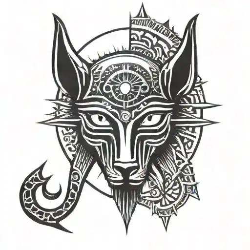 Anubis, eye of Horus, sun rays beaming, symbols  tattoo design idea