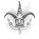 baphomet with burning church background tattoo design idea