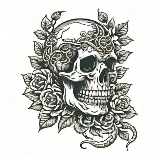 skull with snake intertwined in rose bush tattoo design idea