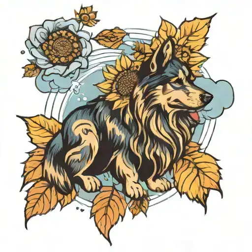 dog paw prints, sunflowers, rain clouds, fall leaves tattoo design idea