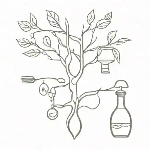 A minimalist tattoo of a family tree intertwined with a cocktail shaker and kitchen utensils, reflecting the love for family and being a bartender and cook tattoo design idea