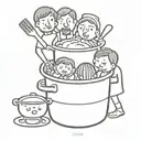 A minimalist tattoo of a family portrait inside a cooking pot, representing the passion for family and being a chef tattoo design idea