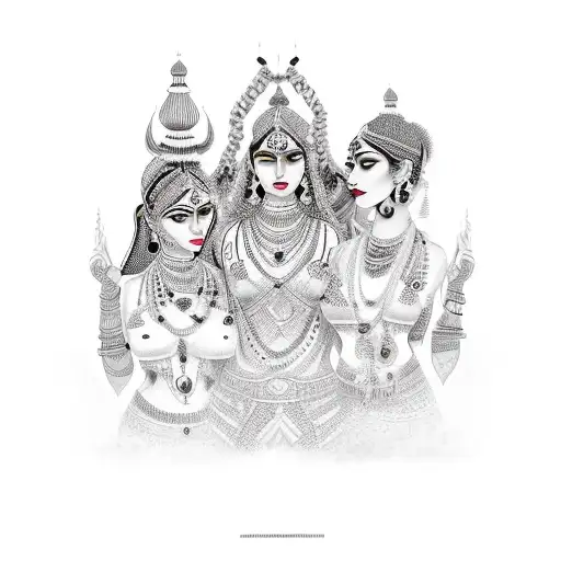 A group of strong and diverse women holding hands, each adorned with unique Indian-inspired tattoos tattoo design idea