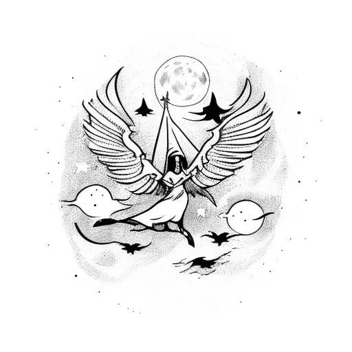 A mystical witch flying on a broomstick through a moonlit night sky tattoo design idea