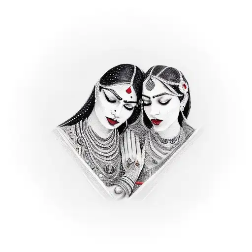 A group of strong and diverse women holding hands, each adorned with unique Indian-inspired tattoos tattoo design idea
