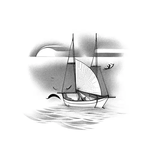 A serene landscape with a majestic boat sailing on calm waters tattoo design idea