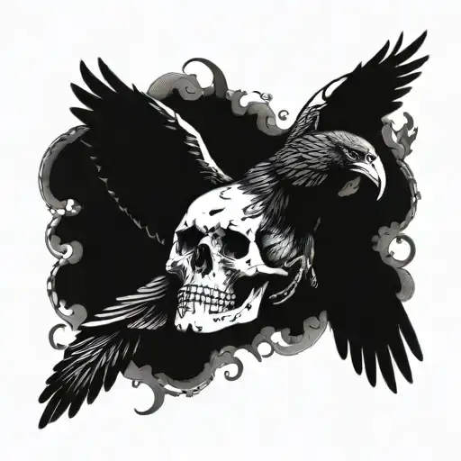 the skull spews out a snake and a raven flies with outstretched wings tattoo design idea