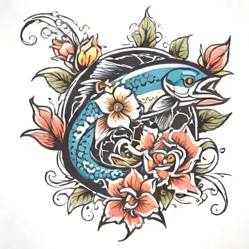 flowers water salmon  tattoo design idea