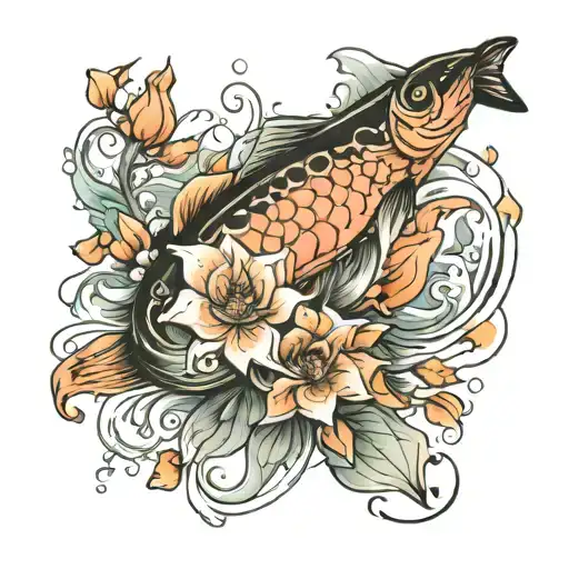flowers water salmon full sleeve  tattoo design idea