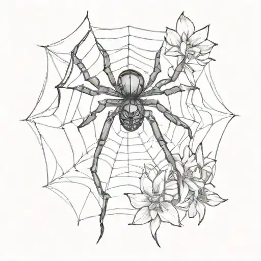 Black widow on a web, water lilys on the top left and bottom of the spider tattoo design idea