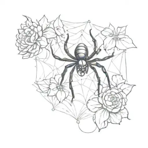 Black widow spider on a web with waterlilys in the background  tattoo design idea