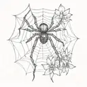 Black widow on a web, water lilys on the top left and bottom of the spider tattoo design idea