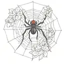Black widow on a web, water lilys on the top left and bottom of the spider tattoo design idea