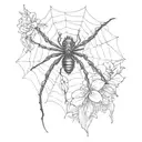 Black widow on a web, water lilys on the top left and bottom of the spider tattoo design idea