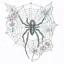 Black widow on a web, water lilys on the top left and bottom of the spider tattoo design idea