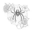 Black widow spider on a web with waterlilys in the background  tattoo design idea