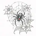 Black widow spider on a web with waterlilys in the background  tattoo design idea
