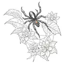Black widow spider on a web with waterlilys in the background  tattoo design idea