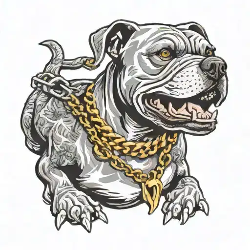angry pitbull with gold necklace, holding guns tattoo design idea