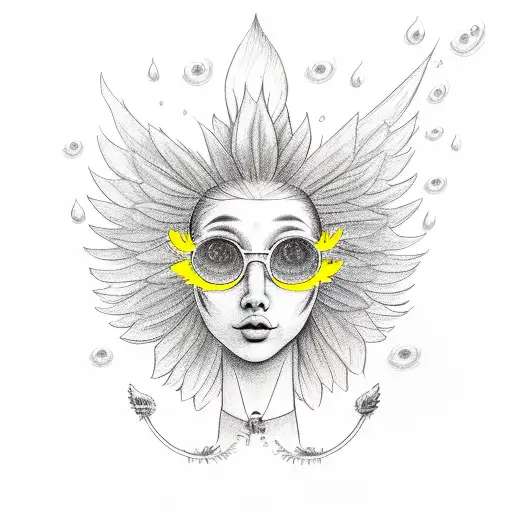 red haired bird, with a halo, angel wings, yellow crocs, glasses, a bong, tiger lillies, sunflowers, rain, forever 17 tattoo design idea