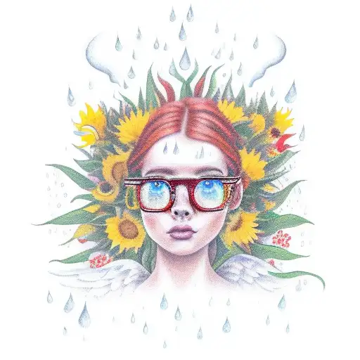 red haired bird, with a halo, angel wings, yellow crocs, glasses, a bong, tiger lillies, sunflowers, rain, forever 17 tattoo design idea