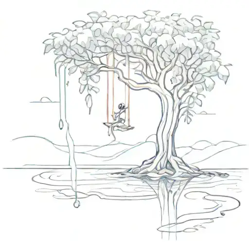 An abstract sketch of aerial silks gracefully flowing around a tree with water flowing beneath, representing the client's love for aerial silks and nature tattoo design idea