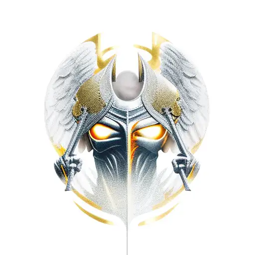 muscular angelic knight with dark hair and shiny golden eyes tattoo design idea