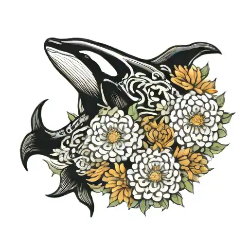 killer whale and Chrysanthemum tattoo design idea
