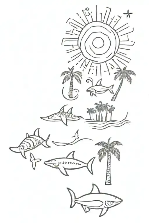 linear tattoo including a sun, wave, turtle, palm tree, tiny shark  tattoo design idea