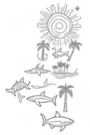 linear tattoo including a sun, wave, turtle, palm tree, tiny shark  tattoo design idea