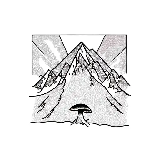 surreal mountain with mushrooms growing at the base tattoo design idea
