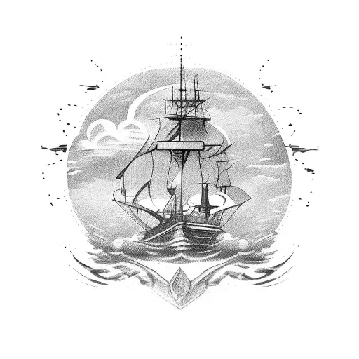 burning ship tattoo design idea