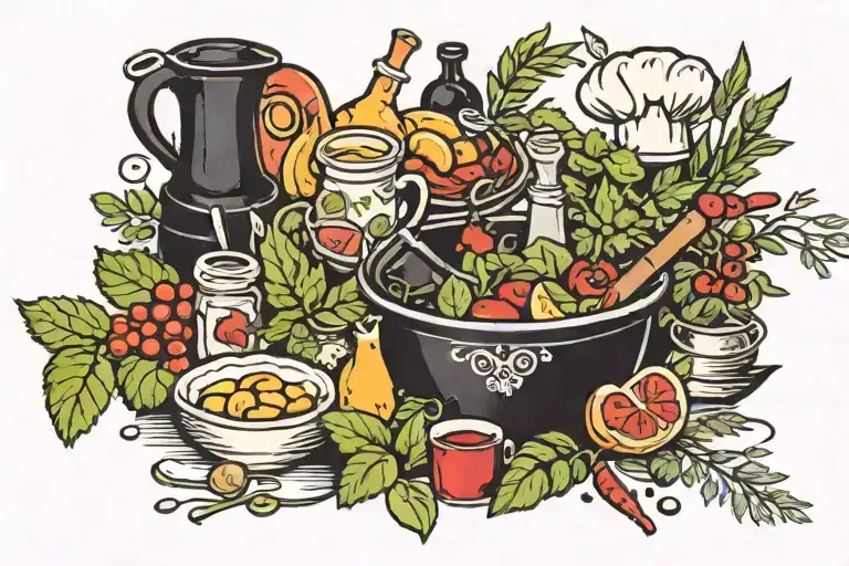 black only culinary theme that features a mixture of herbs and other cooking related items tattoo design idea