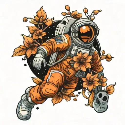 Astronaut floating flowers space tattoo design idea