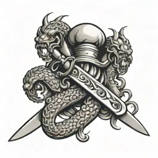 A stylized tattoo of a chef's knife morphing into a hydra with 9 heads tattoo design idea