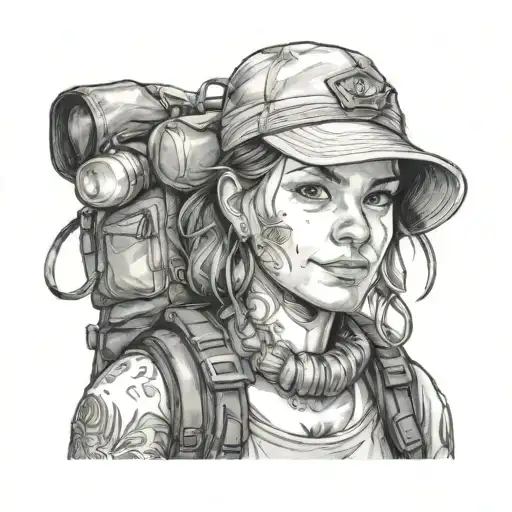 A portrait of Janelle Kerry Myers with a backpacking theme incorporated tattoo design idea