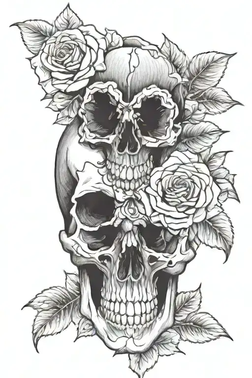 skull , pansies , roses tattoo design idea
