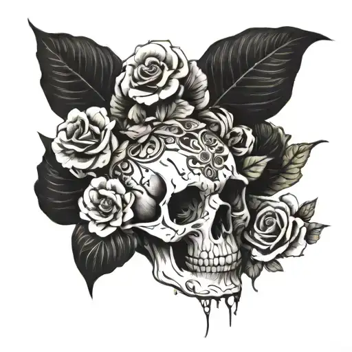 skull , pansies , roses tattoo design idea