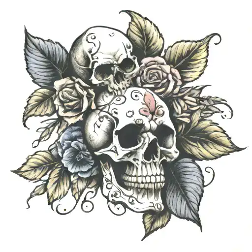 skull , pansies , roses tattoo design idea