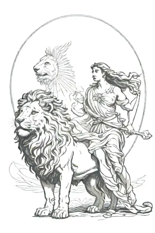 Circe with a lion, sun behind them tattoo design idea